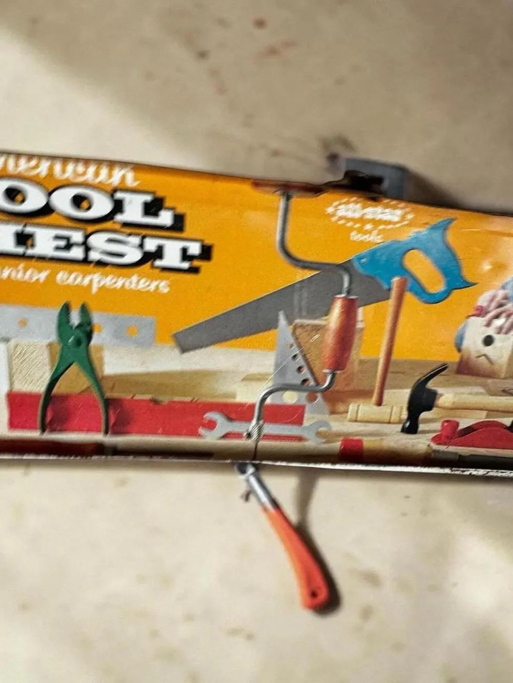 Tool Chest Vintage Junior Tools Star, Tin Lithographed Lid, Blue Plastic Saw